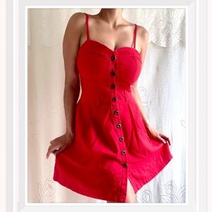 Adjustable Red Linen Button-Down Dress